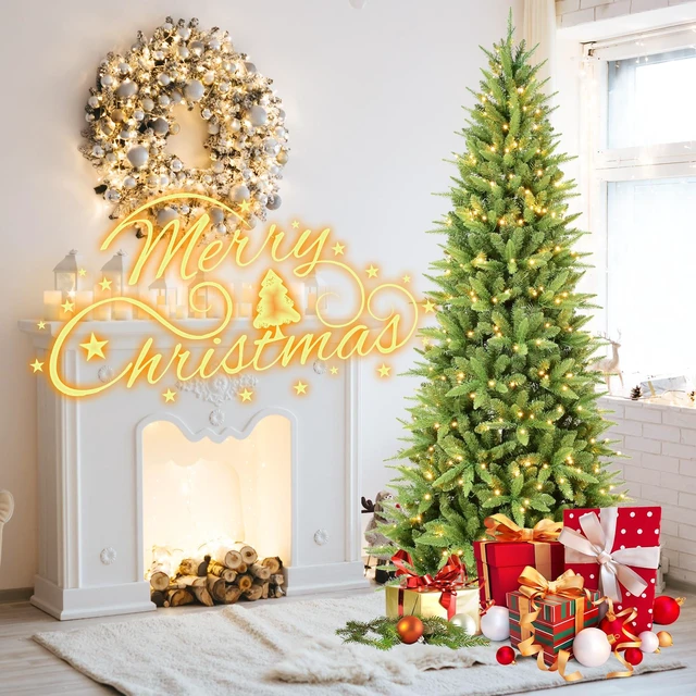 Alt view image 6 of 7 - Slim Christmas Tree with LED Lights PVC Tips, Space Saving Hinged Design Easy Setup Metal Stand Realistic Pencil Tree