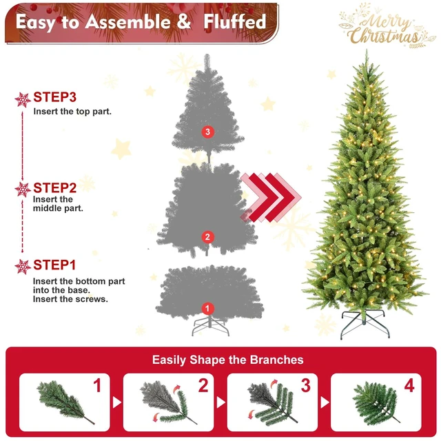 Alt view image 2 of 7 - Slim Christmas Tree with LED Lights PVC Tips, Space Saving Hinged Design Easy Setup Metal Stand Realistic Pencil Tree