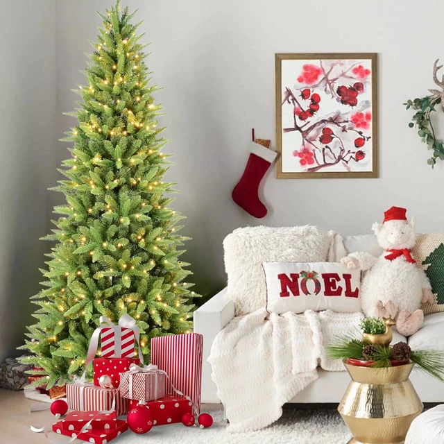 Alt view image 7 of 7 - Slim Christmas Tree with LED Lights PVC Tips, Space Saving Hinged Design Easy Setup Metal Stand Realistic Pencil Tree