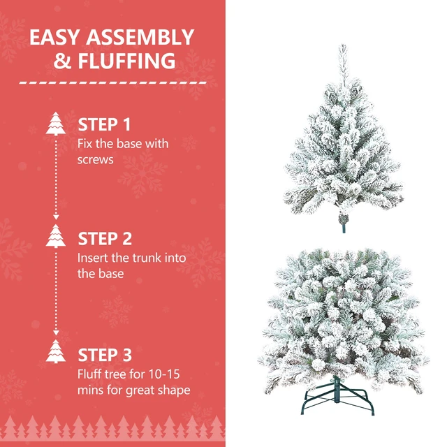 Alt view image 3 of 7 - Flocked Christmas Tree with Cones Snowy PVC Artificial Holiday Tree, Branch Tips Pinecones Metal Stand Full Shape