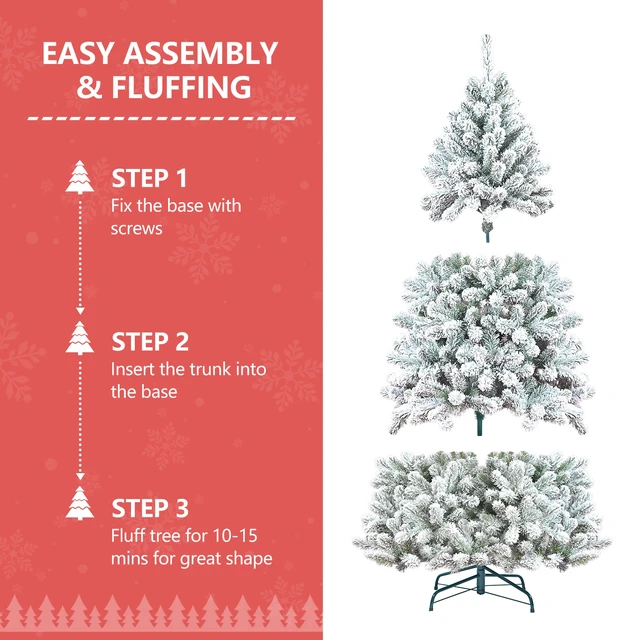 Alt view image 2 of 7 - Flocked Christmas Tree with Cones Snowy PVC Artificial Holiday Tree, Branch Tips Pinecones Metal Stand Full Shape