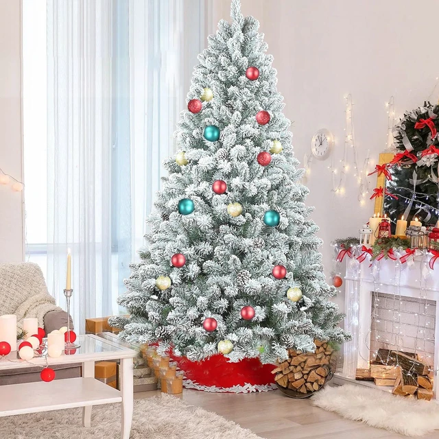 Main image of Flocked Christmas Tree with Cones Snowy PVC Artificial Holiday Tree, Branch Tips Pinecones Metal Stand Full Shape