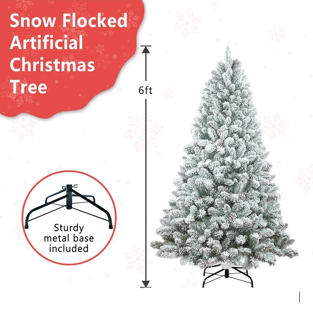Alt view image 6 of 7 - Flocked Christmas Tree with Cones Snowy PVC Artificial Holiday Tree, Branch Tips Pinecones Metal Stand Full Shape
