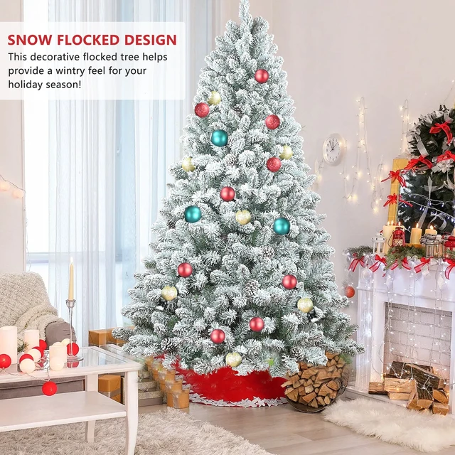 Alt view image 7 of 7 - Flocked Christmas Tree with Cones Snowy PVC Artificial Holiday Tree, Branch Tips Pinecones Metal Stand Full Shape