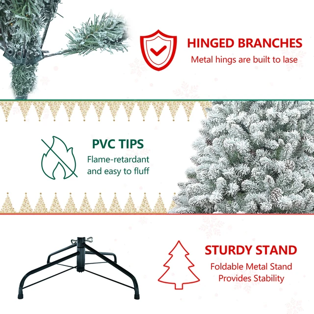 Alt view image 4 of 7 - Flocked Christmas Tree with Cones Snowy PVC Artificial Holiday Tree, Branch Tips Pinecones Metal Stand Full Shape