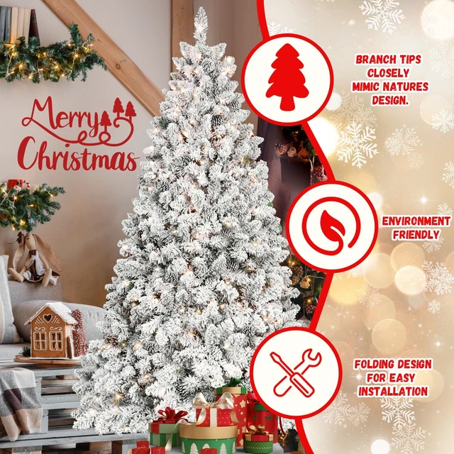 Alt view image 2 of 7 - Flocked Christmas Tree with Lights and Cones Snowy PVC Tips, Tips Hinged Structure Stable Metal Stand Easy Setup, Green