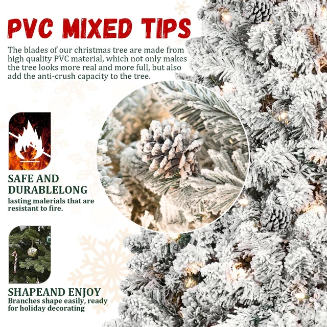 Alt view image 4 of 7 - Flocked Christmas Tree with Lights and Cones Snowy PVC Tips, Tips Hinged Structure Stable Metal Stand Easy Setup, Green