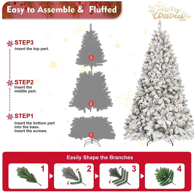 Alt view image 3 of 7 - Flocked Christmas Tree with Lights and Cones Snowy PVC Tips, Tips Hinged Structure Stable Metal Stand Easy Setup, Green