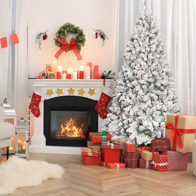 Alt view image 6 of 7 - Flocked Christmas Tree with Lights and Cones Snowy PVC Tips, Tips Hinged Structure Stable Metal Stand Easy Setup, Green