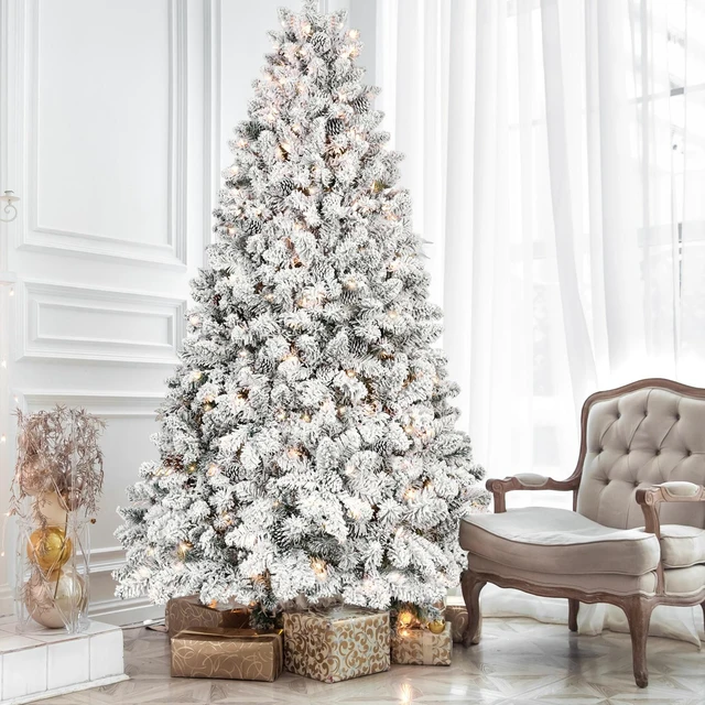 Main image of Flocked Christmas Tree with Lights and Cones Snowy PVC Tips, Tips Hinged Structure Stable Metal Stand Easy Setup, Green