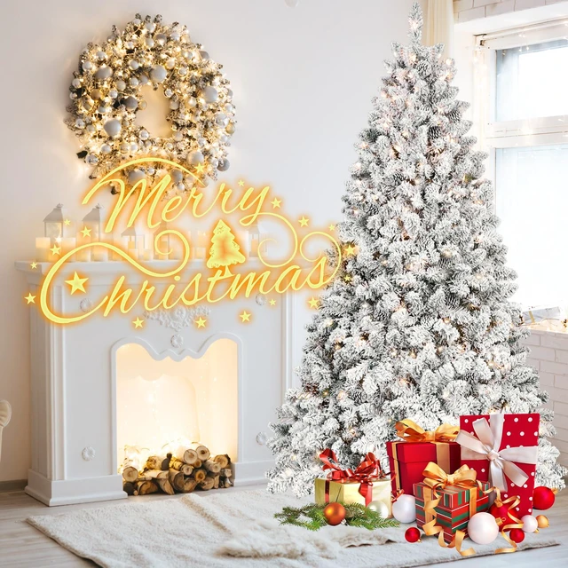 Alt view image 5 of 7 - Flocked Christmas Tree with Lights and Cones Snowy PVC Tips, Tips Hinged Structure Stable Metal Stand Easy Setup, Green