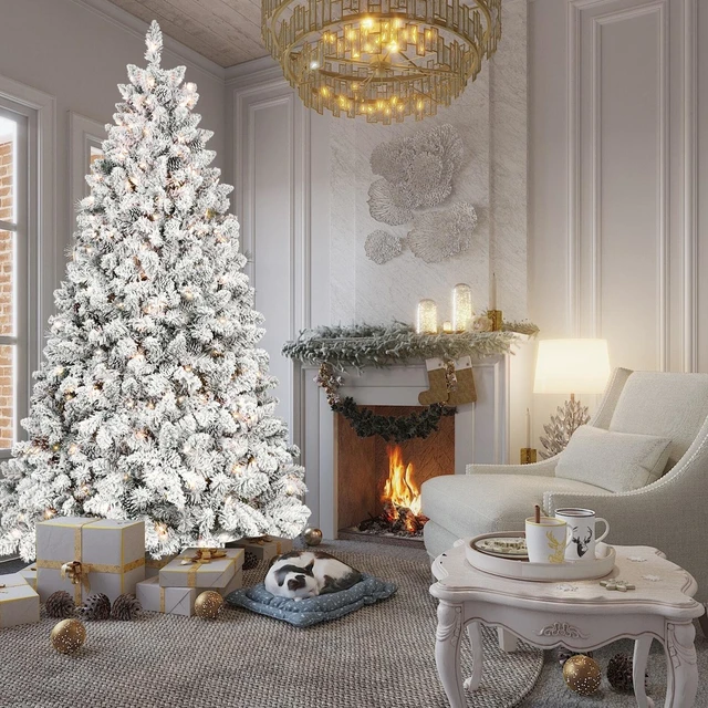 Alt view image 7 of 7 - Flocked Christmas Tree with Lights and Cones Snowy PVC Tips, Tips Hinged Structure Stable Metal Stand Easy Setup, Green