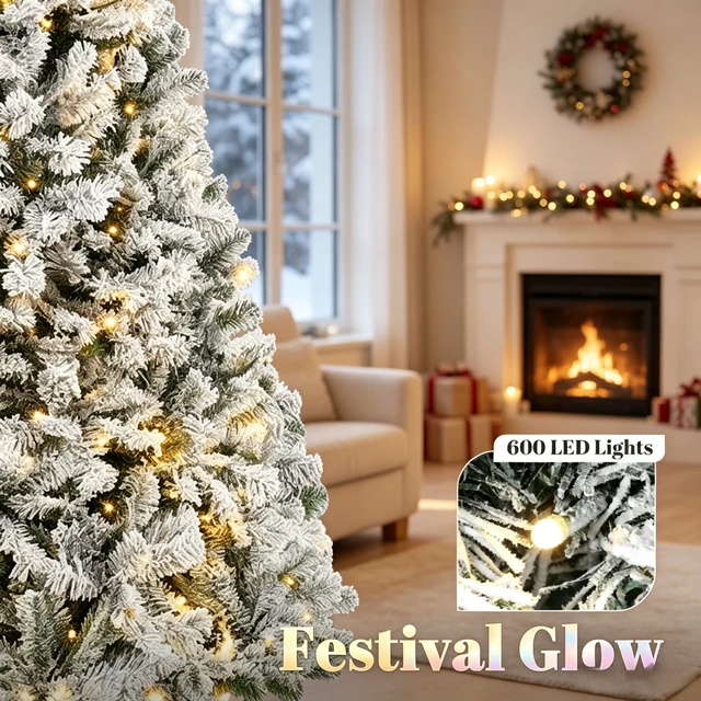 Alt view image 2 of 7 - 9 ft Pre Lit Flocked Fraser Fir Artificial Christmas Tree, Hinged Branches with LED Lights Foldable Metal Base in