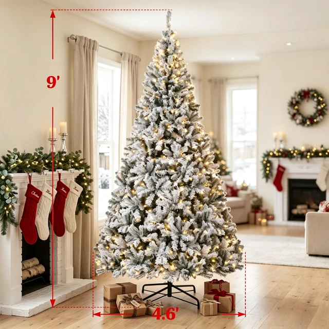 Alt view image 5 of 7 - 9 ft Pre Lit Flocked Fraser Fir Artificial Christmas Tree, Hinged Branches with LED Lights Foldable Metal Base in