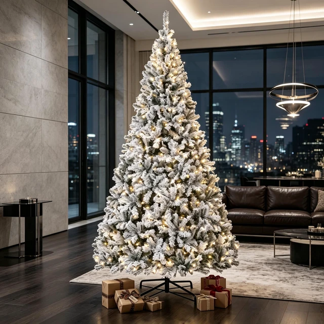 Alt view image 3 of 7 - 9 ft Pre Lit Flocked Fraser Fir Artificial Christmas Tree, Hinged Branches with LED Lights Foldable Metal Base in