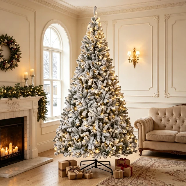 Main image of 9 ft Pre Lit Flocked Fraser Fir Artificial Christmas Tree, Hinged Branches with LED Lights Foldable Metal Base in