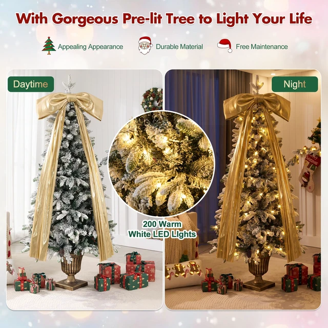 Alt view image 5 of 5 - Pre Lit Flocked Christmas Tree with Real Cones and Ribbon Bows, Leds Lighting Modes Tips Artificial Snow Xmas Tree