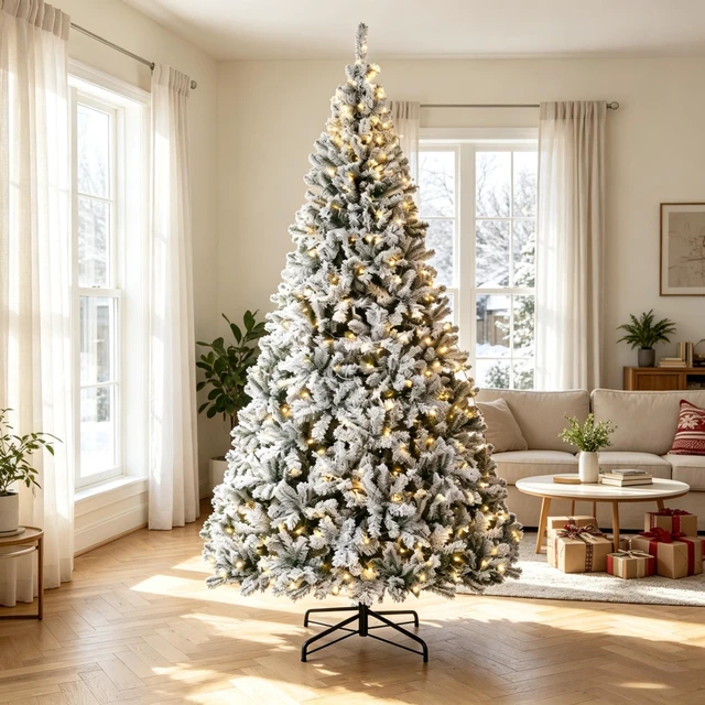 Alt view image 6 of 7 - 9 ft Pre Lit Flocked Fraser Fir Artificial Christmas Tree, Hinged Branches with LED Lights Foldable Metal Base in