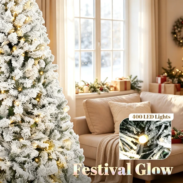 Alt view image 3 of 7 - 7.5 ft Pre Lit Flocked Fraser Fir Artificial Christmas Tree, Hinged Branches with Integrated LED Lights Foldable Metal