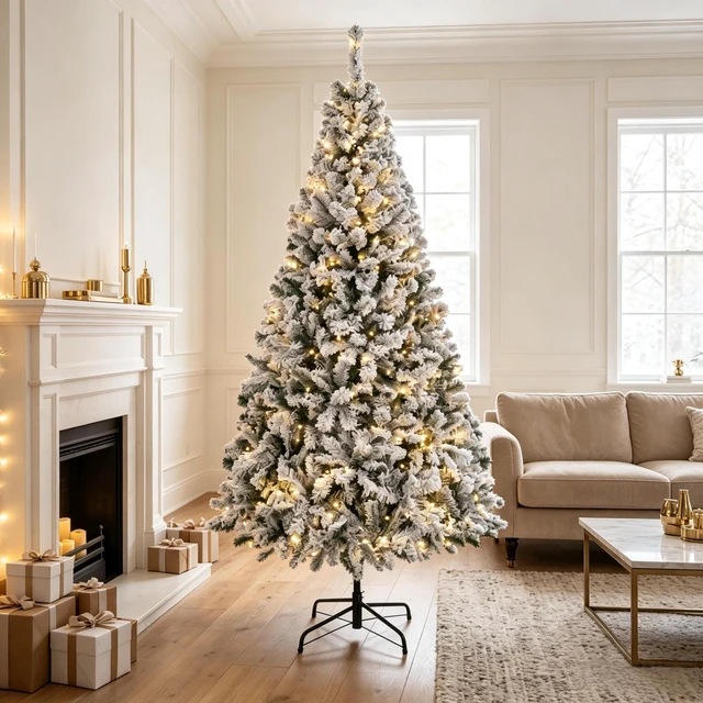 Main image of 7.5 ft Pre Lit Flocked Fraser Fir Artificial Christmas Tree, Hinged Branches with Integrated LED Lights Foldable Metal