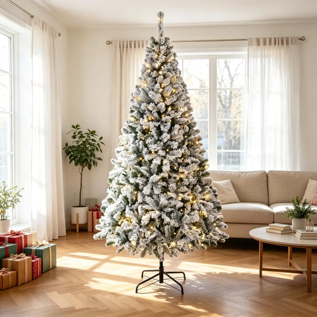 Alt view image 6 of 7 - 7.5 ft Pre Lit Flocked Fraser Fir Artificial Christmas Tree, Hinged Branches with Integrated LED Lights Foldable Metal