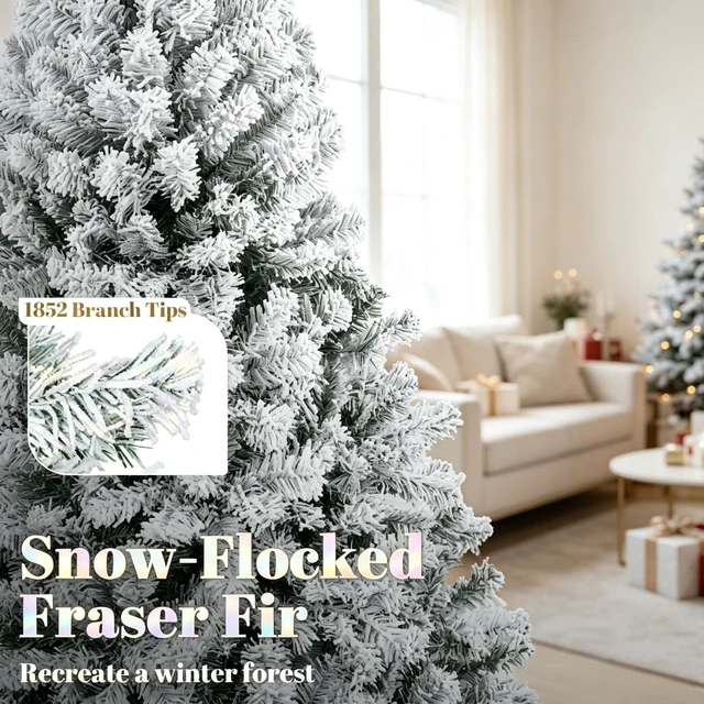 Alt view image 7 of 7 - 9 ft Pre Lit Flocked Fraser Fir Artificial Christmas Tree, Hinged Branches with LED Lights Foldable Metal Base in