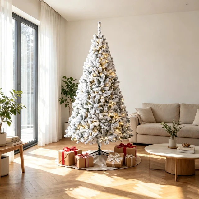 Main image of 6 ft Pre Lit Flocked Fraser Fir Artificial Christmas Tree, Hinged Branches with Integrated LED Lights Foldable Metal