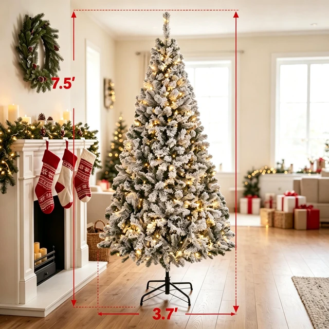 Alt view image 2 of 7 - 7.5 ft Pre Lit Flocked Fraser Fir Artificial Christmas Tree, Hinged Branches with Integrated LED Lights Foldable Metal