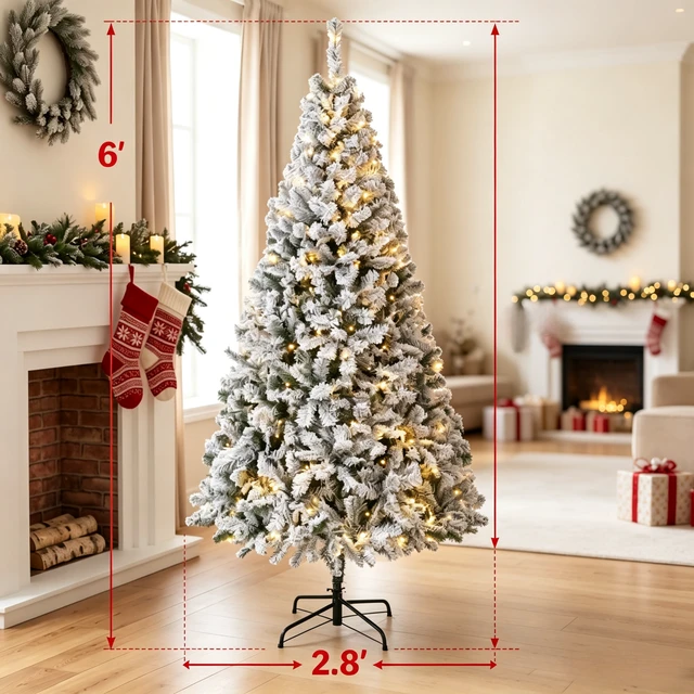 Alt view image 5 of 7 - 6 ft Pre Lit Flocked Fraser Fir Artificial Christmas Tree, Hinged Branches with Integrated LED Lights Foldable Metal