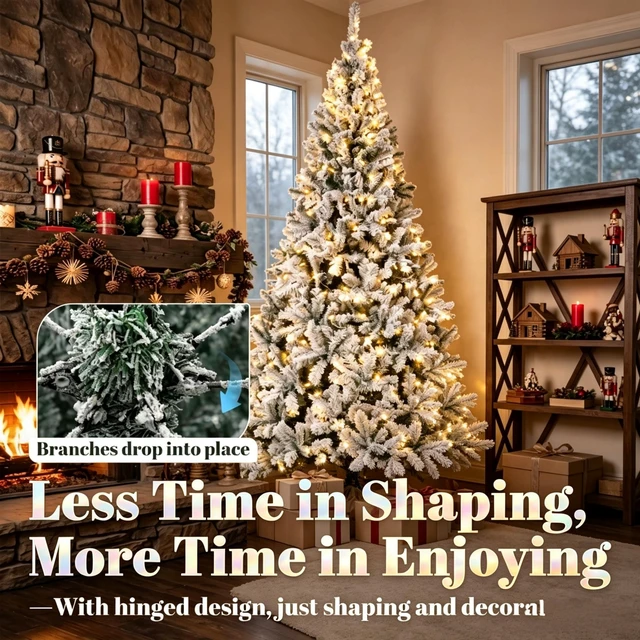Alt view image 3 of 7 - 6 ft Pre Lit Flocked Fraser Fir Artificial Christmas Tree, Hinged Branches with Integrated LED Lights Foldable Metal