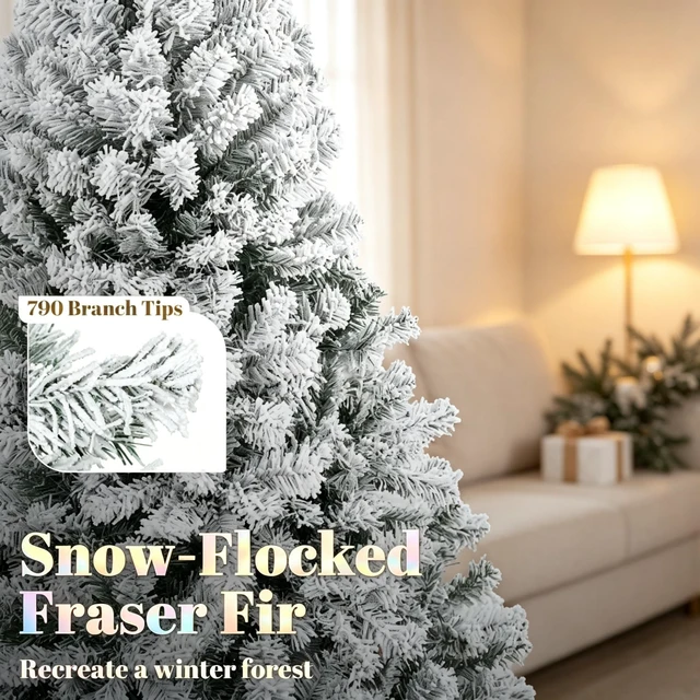 Alt view image 7 of 7 - 6 ft Pre Lit Flocked Fraser Fir Artificial Christmas Tree, Hinged Branches with Integrated LED Lights Foldable Metal