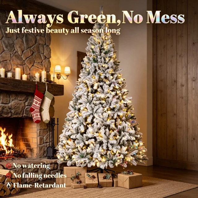 Alt view image 2 of 7 - 6 ft Pre Lit Flocked Fraser Fir Artificial Christmas Tree, Hinged Branches with Integrated LED Lights Foldable Metal
