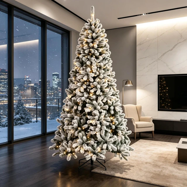 Main image of 7.5 ft Pre Lit Flocked Northern Artificial Christmas Tree, Curved Branch Tips with Integrated LED Lights for Indoor