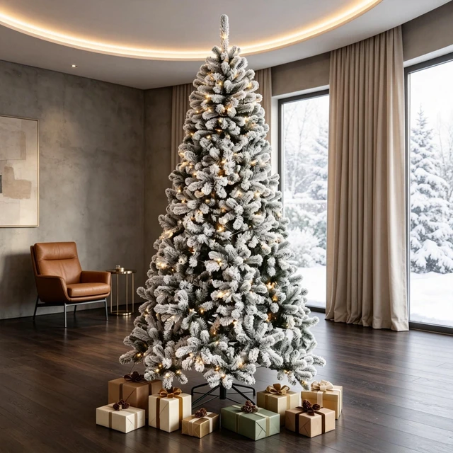 Alt view image 4 of 7 - 7.5 ft Pre Lit Flocked Northern Artificial Christmas Tree, Curved Branch Tips with Integrated LED Lights for Indoor