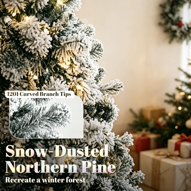 Alt view image 5 of 7 - 7.5 ft Pre Lit Flocked Northern Artificial Christmas Tree, Curved Branch Tips with Integrated LED Lights for Indoor