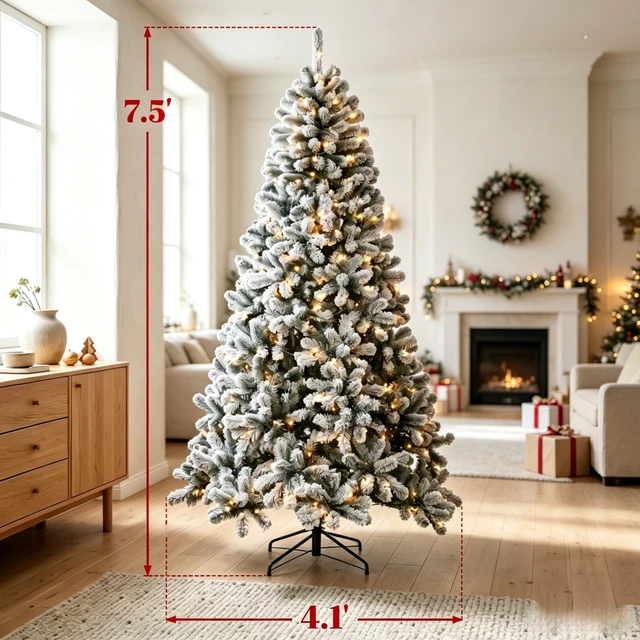 Alt view image 3 of 7 - 7.5 ft Pre Lit Flocked Northern Artificial Christmas Tree, Curved Branch Tips with Integrated LED Lights for Indoor