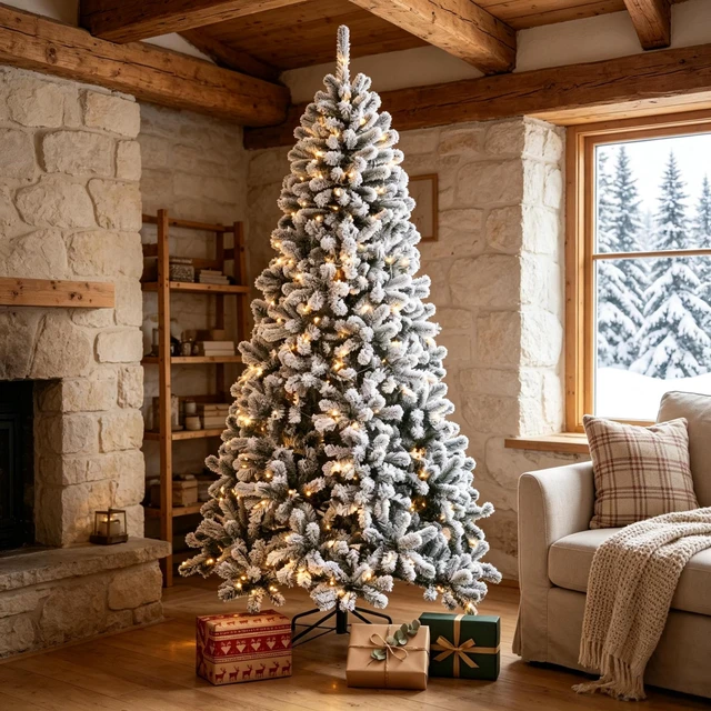 Main image of 6 ft Pre Lit Snow Flocked Northern Artificial Christmas Tree, Gracefully Curved Realistic Branch Tips with Pre Strung