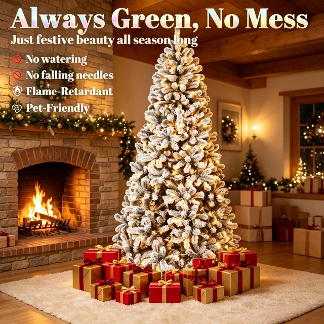 Alt view image 7 of 7 - 7.5 ft Pre Lit Flocked Northern Artificial Christmas Tree, Curved Branch Tips with Integrated LED Lights for Indoor