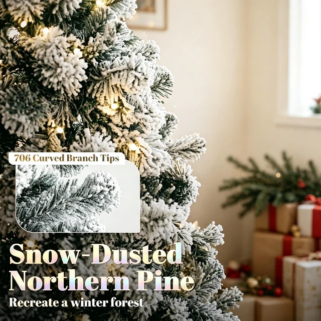 Alt view image 4 of 7 - 6 ft Pre Lit Snow Flocked Northern Artificial Christmas Tree, Gracefully Curved Realistic Branch Tips with Pre Strung