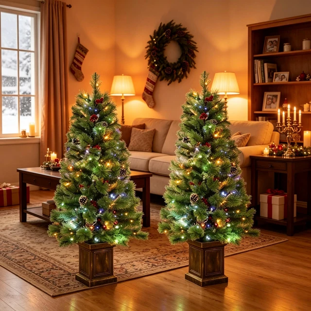 Alt view image 2 of 7 - Set, 4 ft Pre Lit Artificial Christmas Trees Dual Color LED Lighting with Included Remote Control for Indoor Holiday