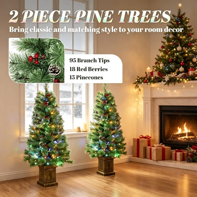 Alt view image 3 of 7 - Set, 4 ft Pre Lit Artificial Christmas Trees Dual Color LED Lighting with Included Remote Control for Indoor Holiday