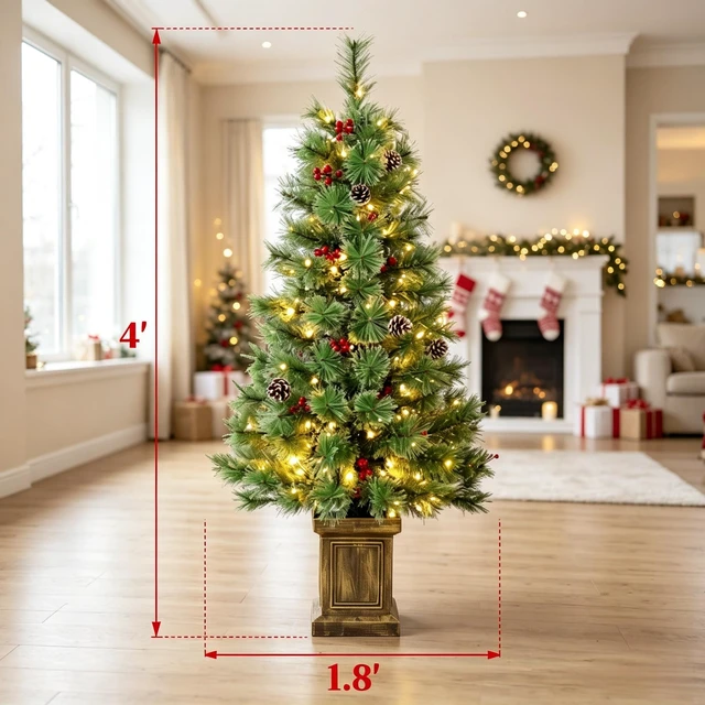 Alt view image 5 of 7 - Set, 4 ft Pre Lit Artificial Christmas Trees Dual Color LED Lighting with Included Remote Control for Indoor Holiday