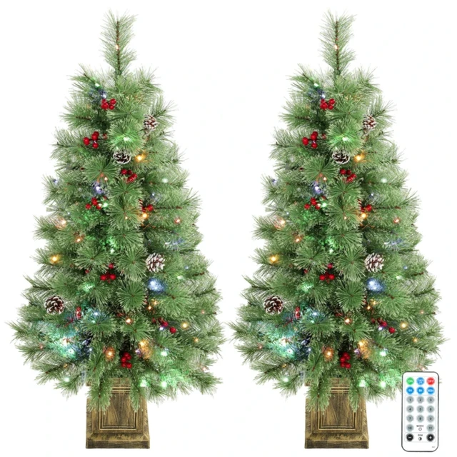 Alt view image 7 of 7 - Set, 4 ft Pre Lit Artificial Christmas Trees Dual Color LED Lighting with Included Remote Control for Indoor Holiday