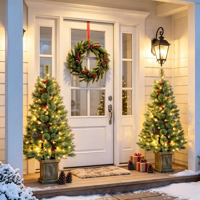 Alt view image 6 of 7 - Set, 4 ft Pre Lit Artificial Christmas Trees Dual Color LED Lighting with Included Remote Control for Indoor Holiday