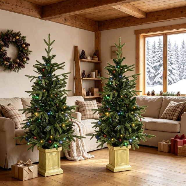 Alt view image 2 of 7 - Set, 4 ft Pre Lit Aspen Fir Artificial Christmas Trees Battery Operated Dual Color LED Lights with Lighting Modes