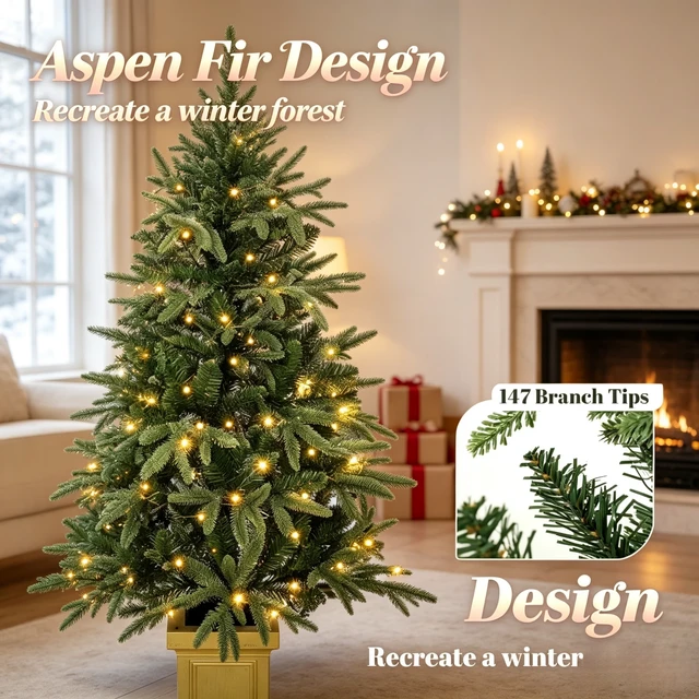 Alt view image 3 of 7 - Set, 4 ft Pre Lit Aspen Fir Artificial Christmas Trees Battery Operated Dual Color LED Lights with Lighting Modes