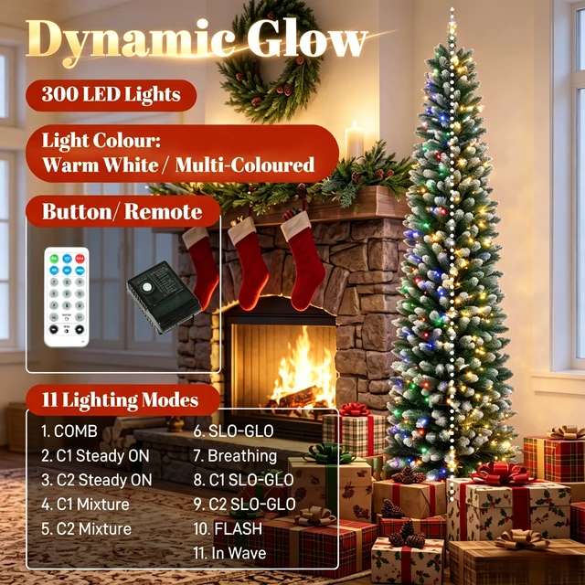 Alt view image 2 of 7 - 8 ft Flocked Pencil Prelit Christmas Tree, Dual Color Leds Remote Control with 11 Light Modes, Green White, PVC