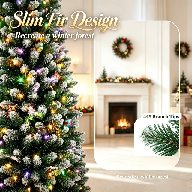 Alt view image 4 of 7 - 8 ft Flocked Pencil Prelit Christmas Tree, Dual Color Leds Remote Control with 11 Light Modes, Green White, PVC