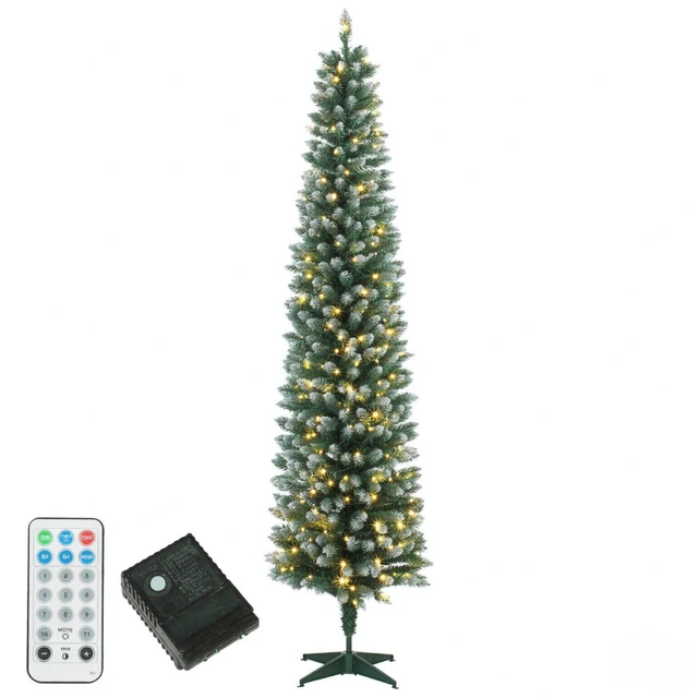 Alt view image 5 of 7 - 8 ft Flocked Pencil Prelit Christmas Tree, Dual Color Leds Remote Control with 11 Light Modes, Green White, PVC