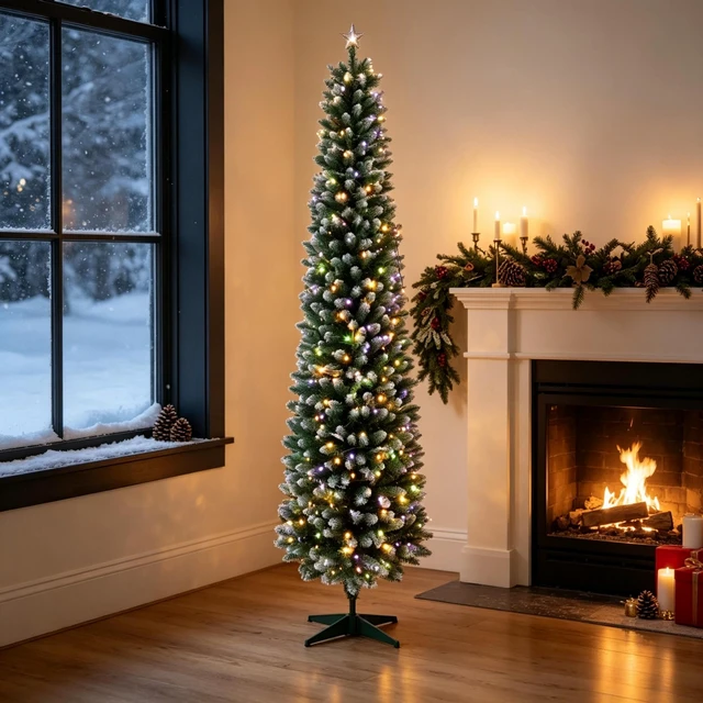 Main image of 7 ft Flocked Pencil Prelit Christmas Tree, Dual Color Leds Remote Control with 11 Light Modes, Green White, PVC